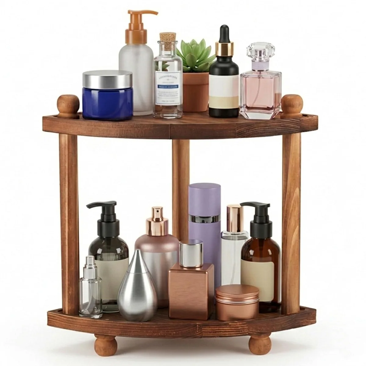Two-tier wooden corner shelf in dark brown with raised ball feet