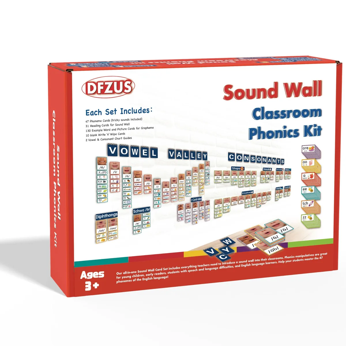 Blue boxed set of 220 laminated phonics cards with mouth articulation photos
