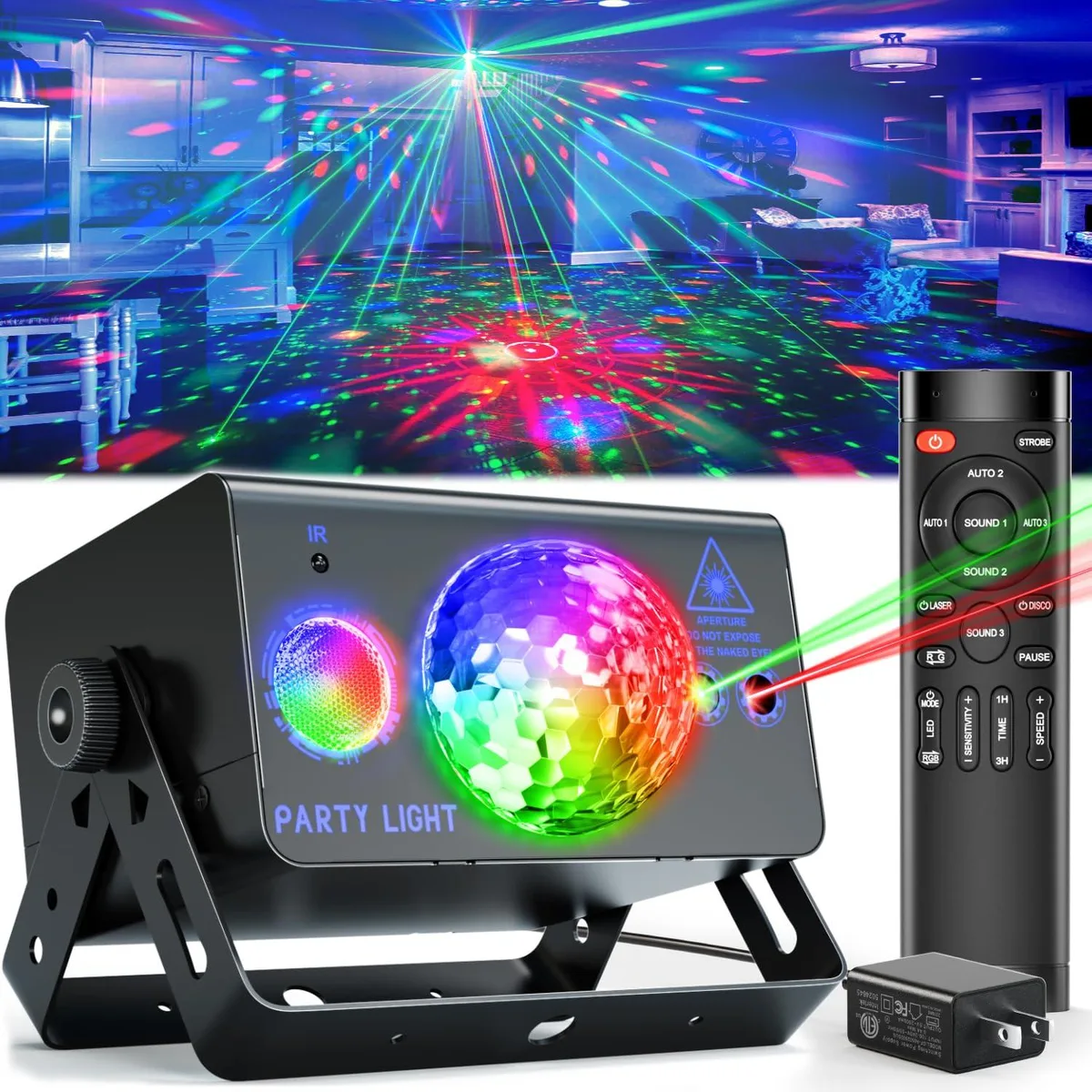 Compact white acrylic LED light kit, 19 by 13 by 9 centimetres, ceiling-mount disco ball with remote and sound activation
