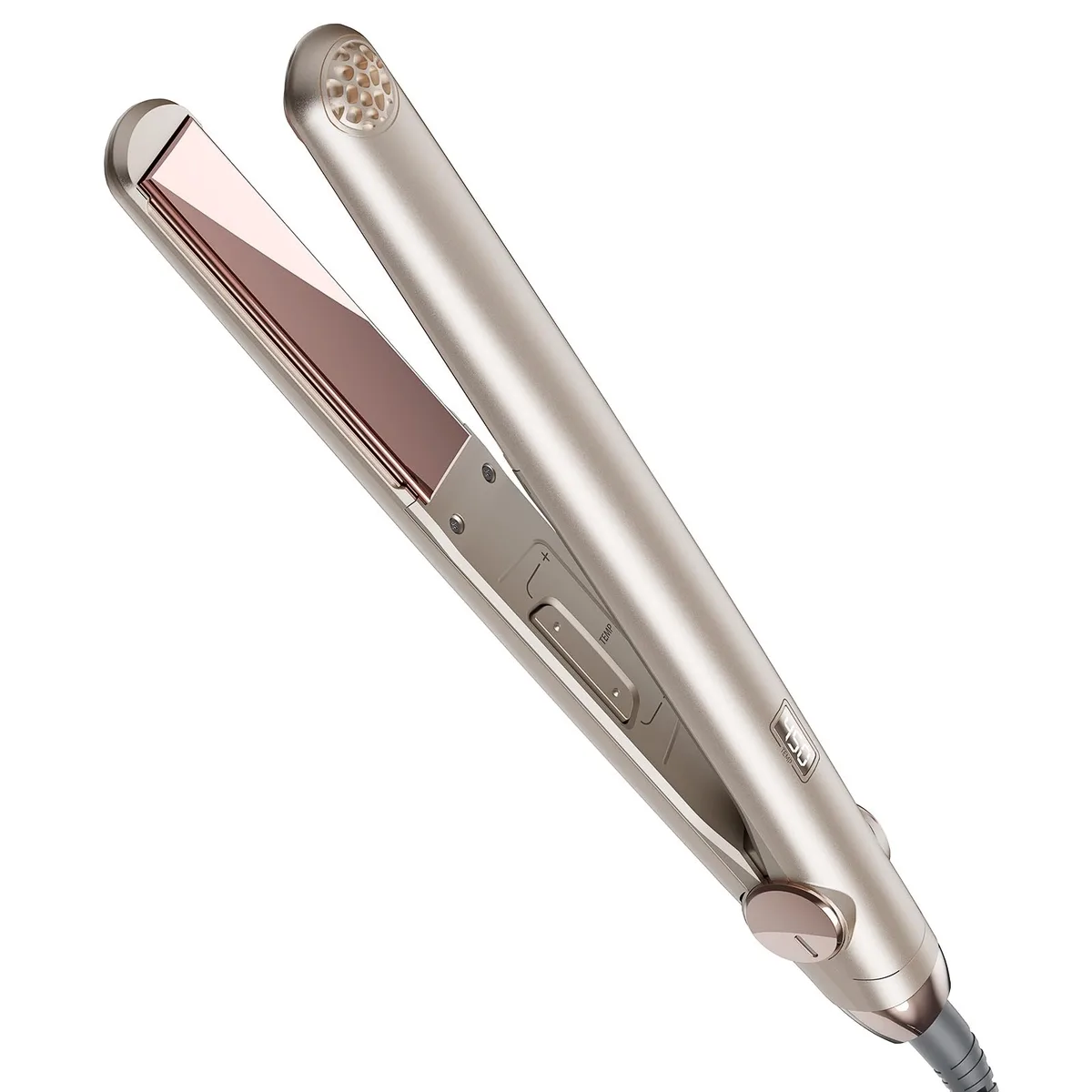 Champagne 1-inch flat iron with floating titanium plates and LED display