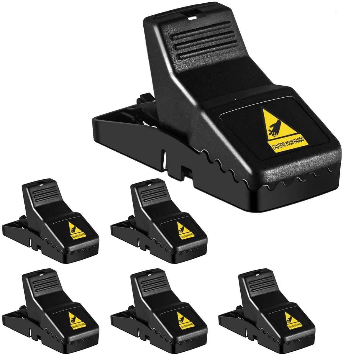 Six plastic mouse traps in a row, grey finish, spring-loaded bait cups visible