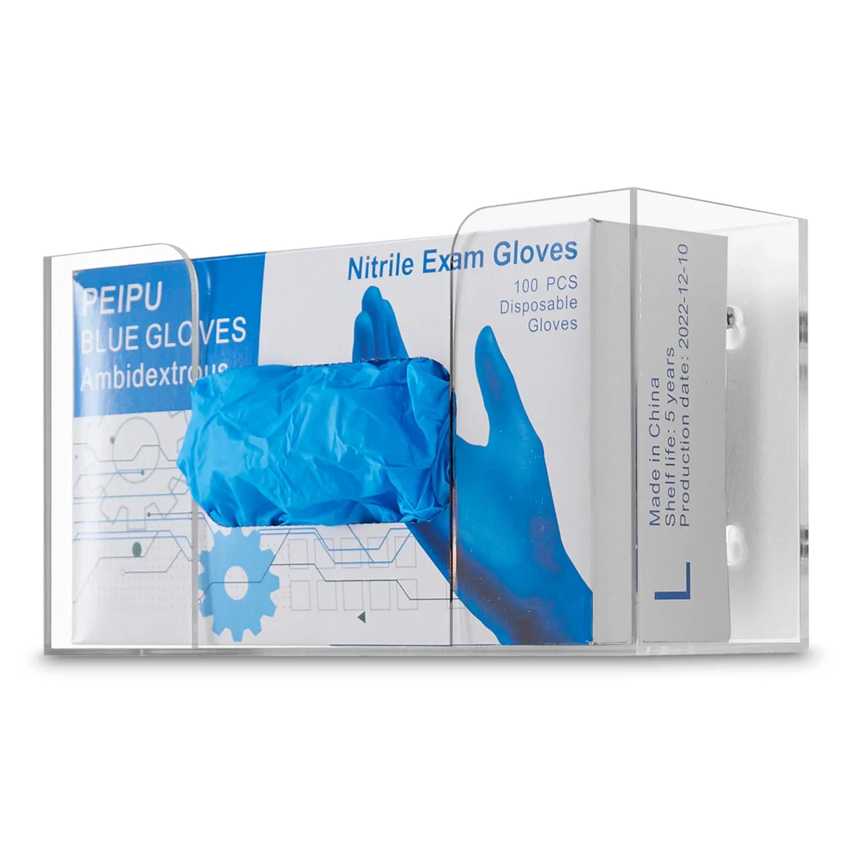 Transparent acrylic wall-mounted dispenser with mounting hardware, rectangular smooth finish, holds one glove box