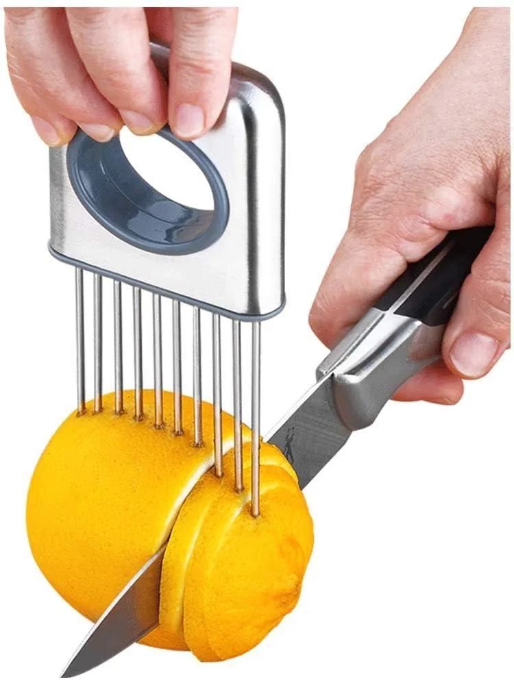Silver stainless steel slicer with curved handle, 5.5 in x 4.5 in x .8 in