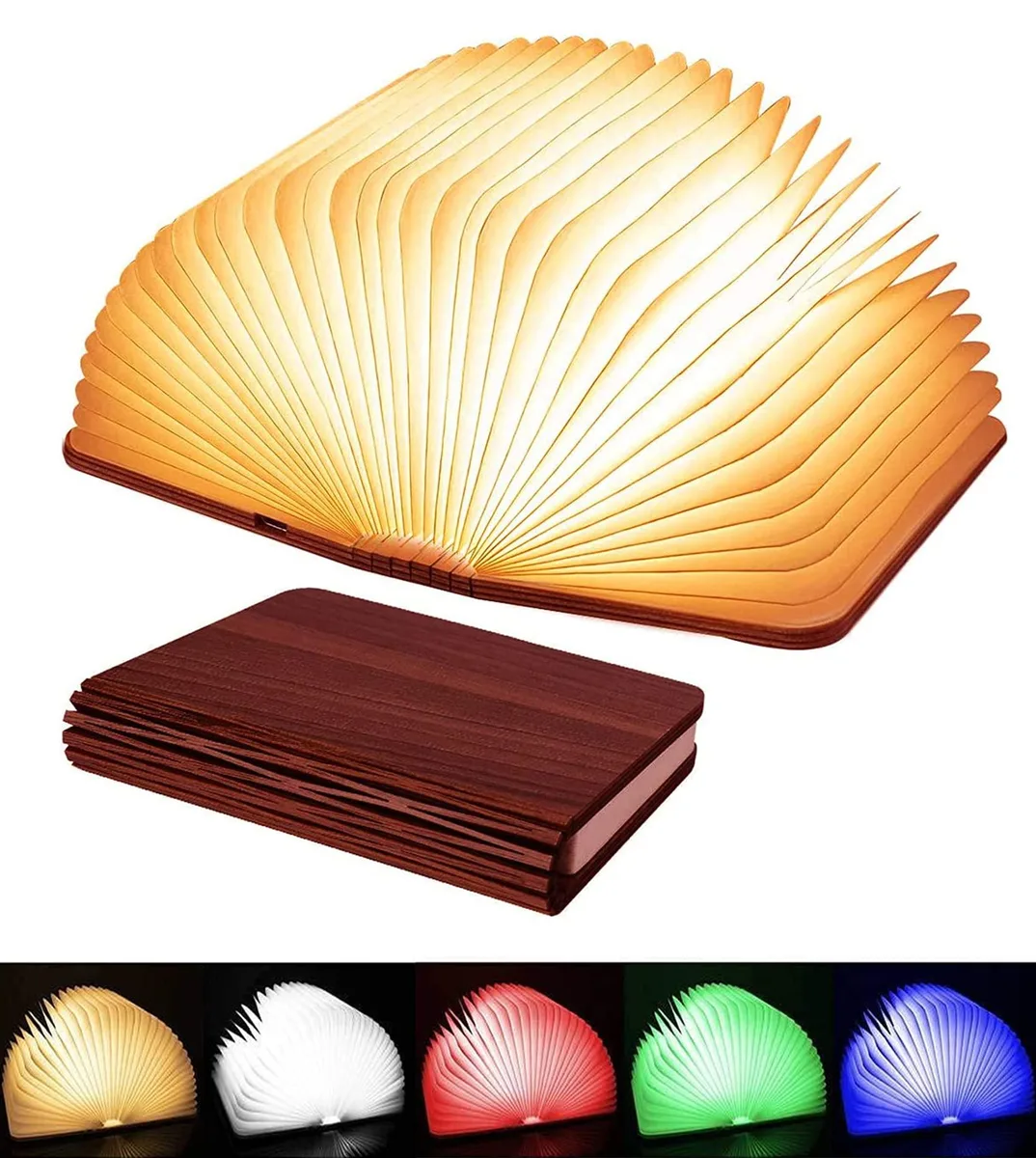 Wooden book-shaped LED lamp, magnetic folding design, USB rechargeable, five colour modes