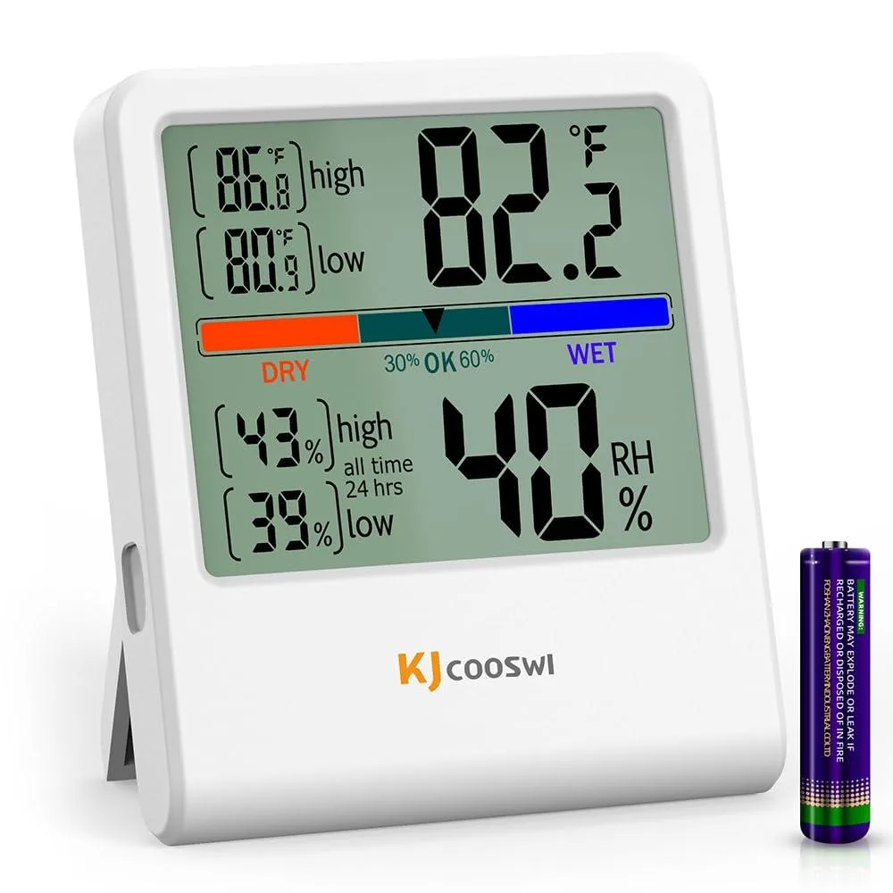 White rectangular digital thermometer hygrometer with LCD display showing temperature humidity comfort indicator
