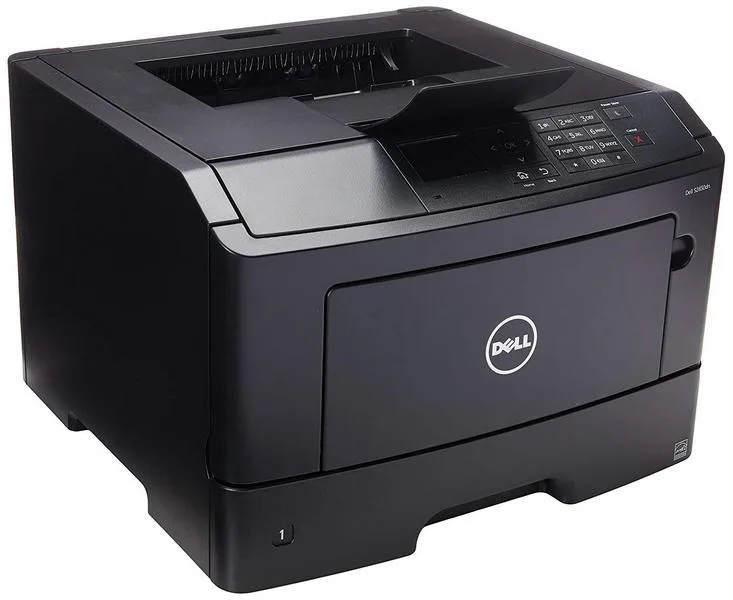 White rectangular Dell S2830dn laser printer with 2.4 inch colour LCD and number pad