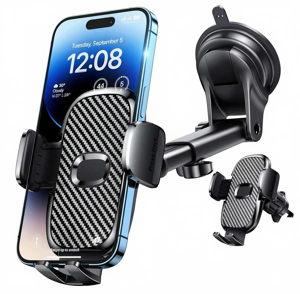 Black car phone mount with suction cup, telescopic arm and vent clip on dashboard