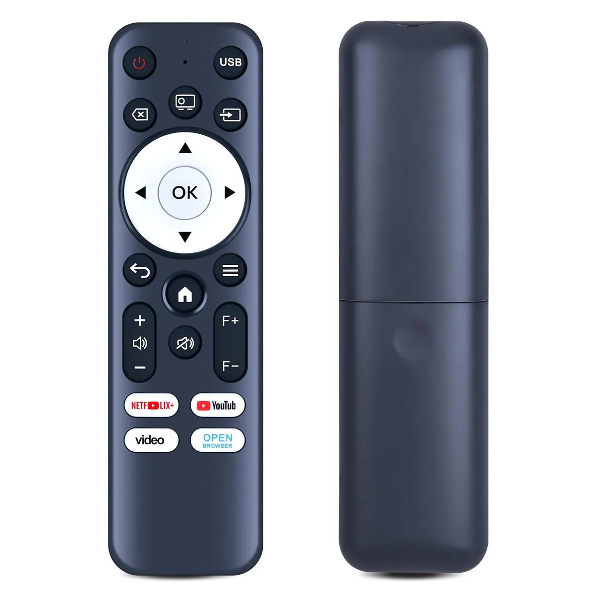 Black rectangular remote with curved edges and silicone buttons