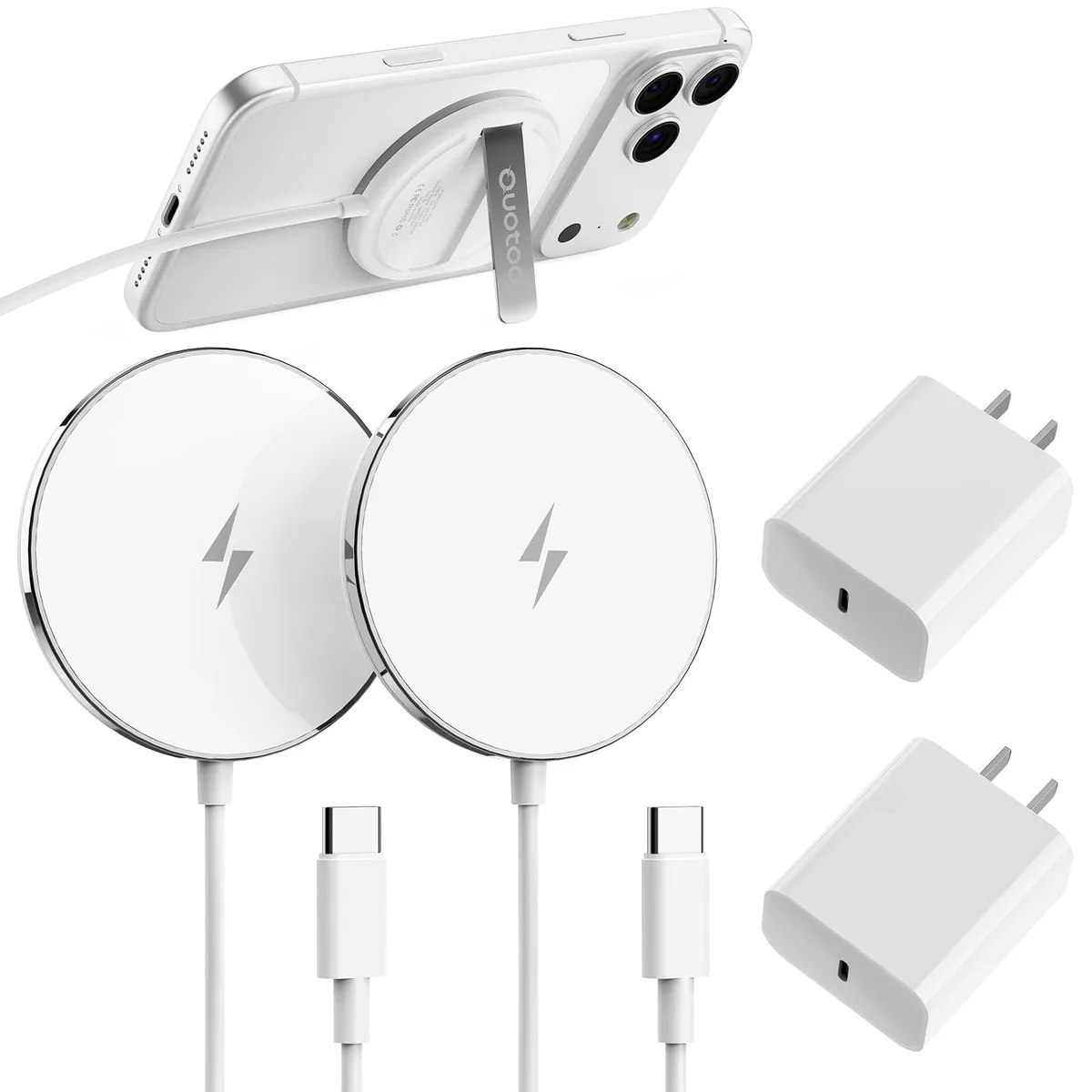 Two ultra-thin magnetic wireless charging pads with 20W power blocks and 5ft cables