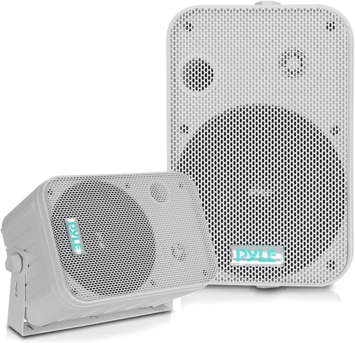 Pair of black 5.25-inch weatherproof wall speakers with heavy-duty grilles and mounting brackets