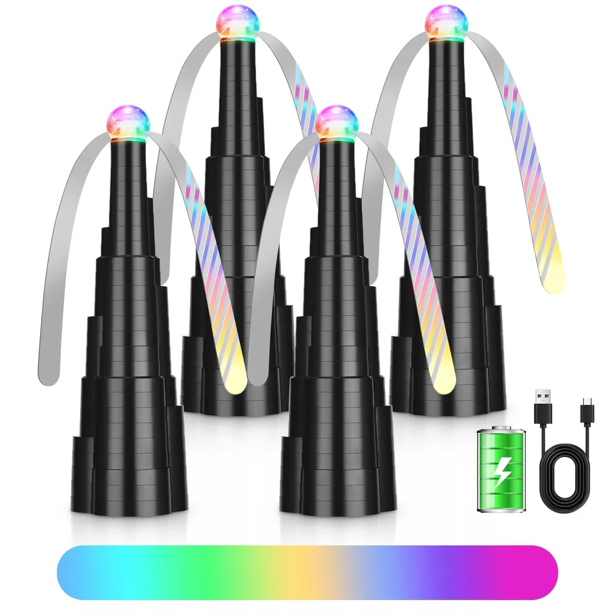 Four tabletop fans with holographic etched blades and LED tops, folded flat