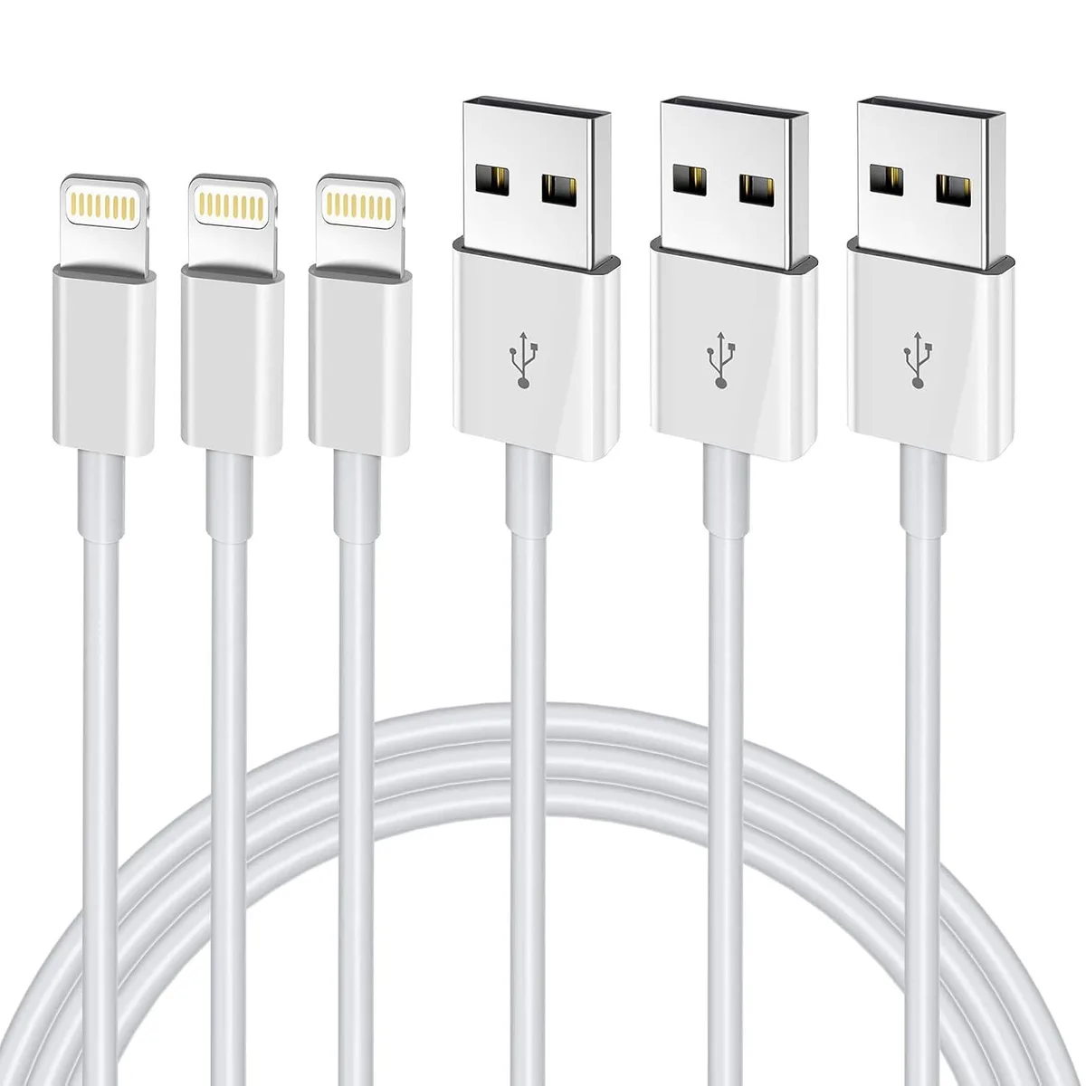 Three white Lightning cables coiled together, each three feet long with USB-A connectors