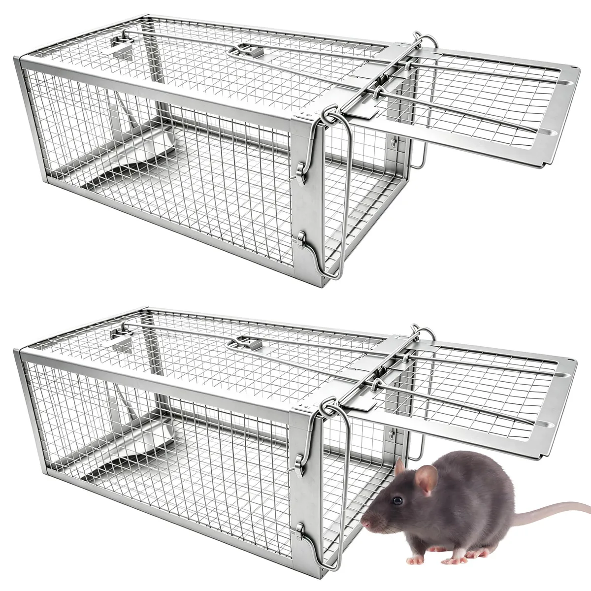 Two rectangular wire cage traps with spring-loaded doors, silver metal finish