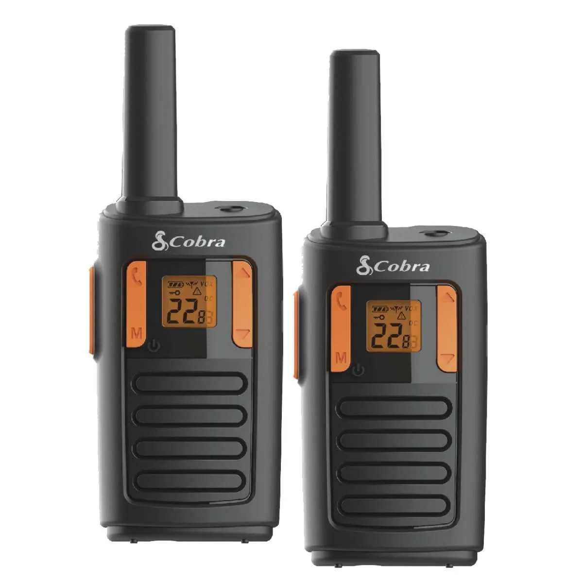 Two orange and black compact walkie talkies with displays and buttons