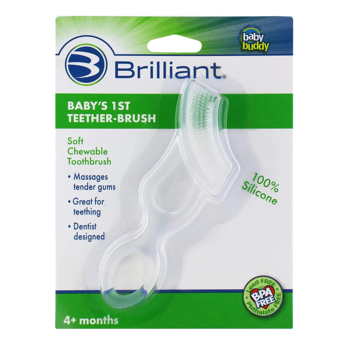 Clear silicone teether-brush with soft bristles, small oval shape
