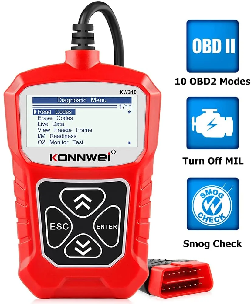 Compact black handheld scanner with large LCD screen and four buttons, coiled cable attached