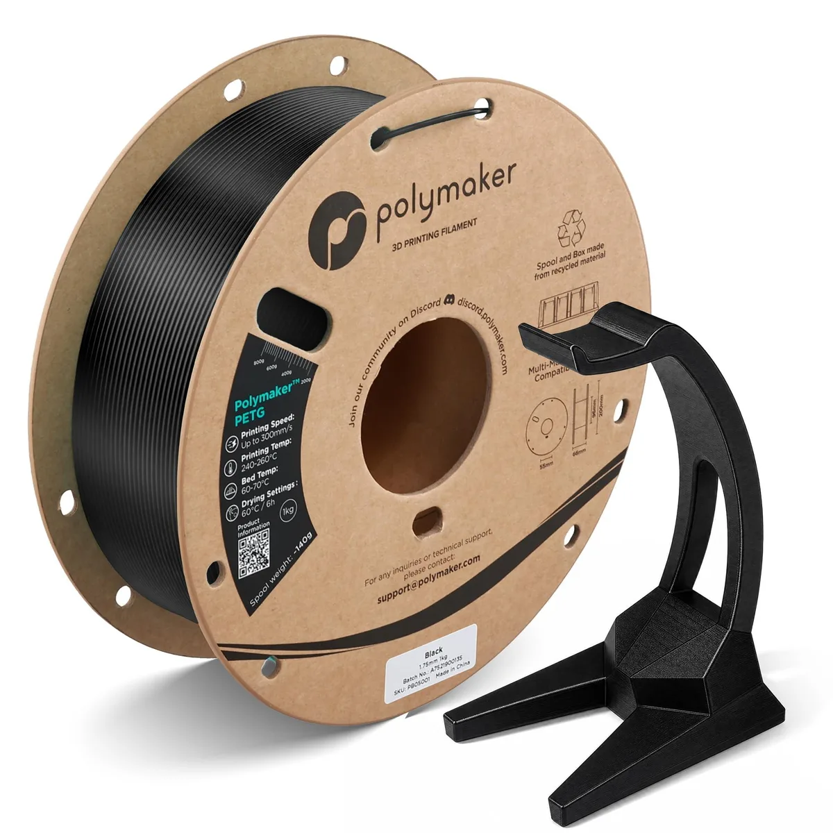 Black PETG filament spool, 1.75 mm diameter, 1 kg weight