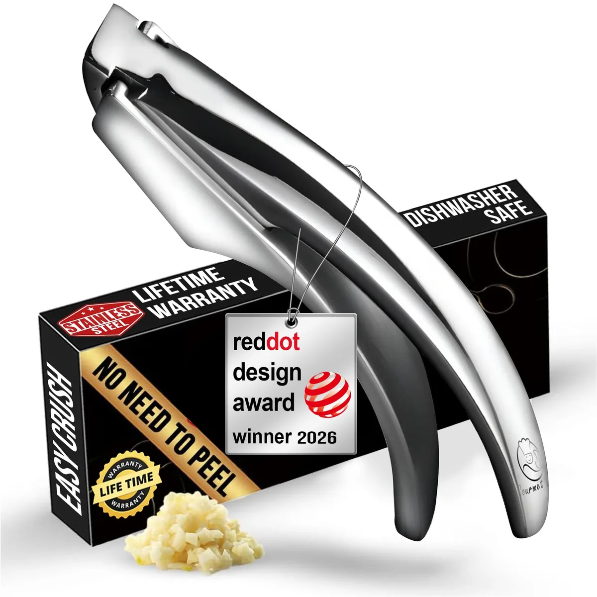 Stainless steel garlic press 7.8 inches long with detachable handle and round grill holes