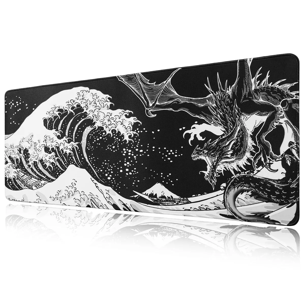 Rectangular cloth mouse pad, 31.5 by 11.8 inches, wave dragon print, stitched edges, rubber base