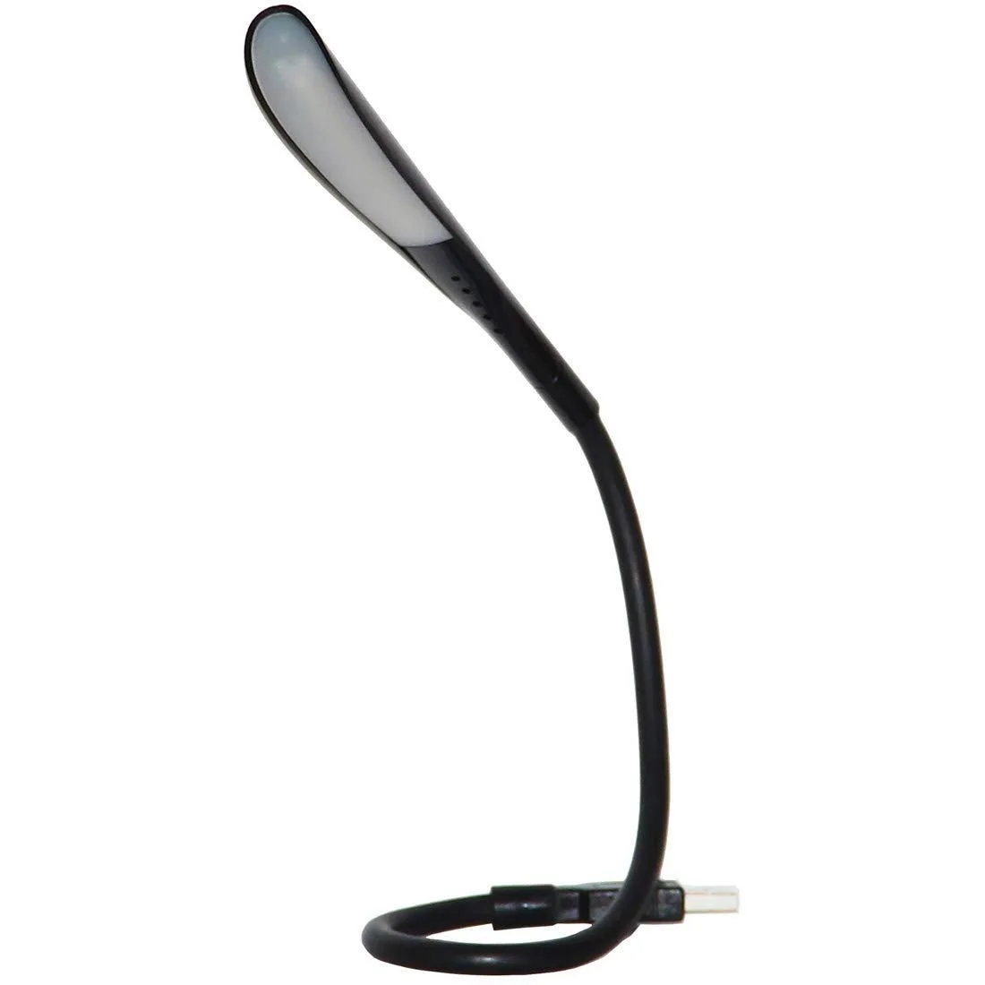 Black USB reading lamp with 14 LEDs, flexible 18-inch gooseneck and frosted lens, weighs 1.7 oz