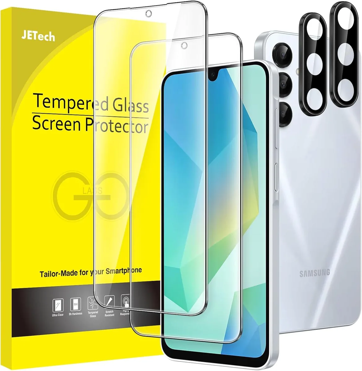 Two clear tempered-glass screen protectors with matching camera lens covers for 6.7-inch Galaxy A16