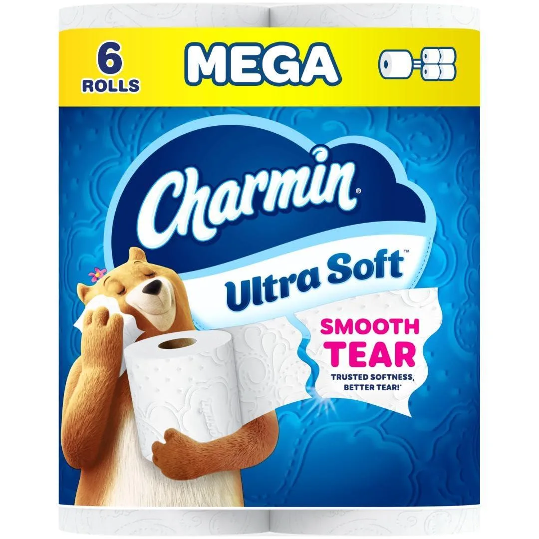 White 2-ply toilet paper mega rolls in plastic packaging
