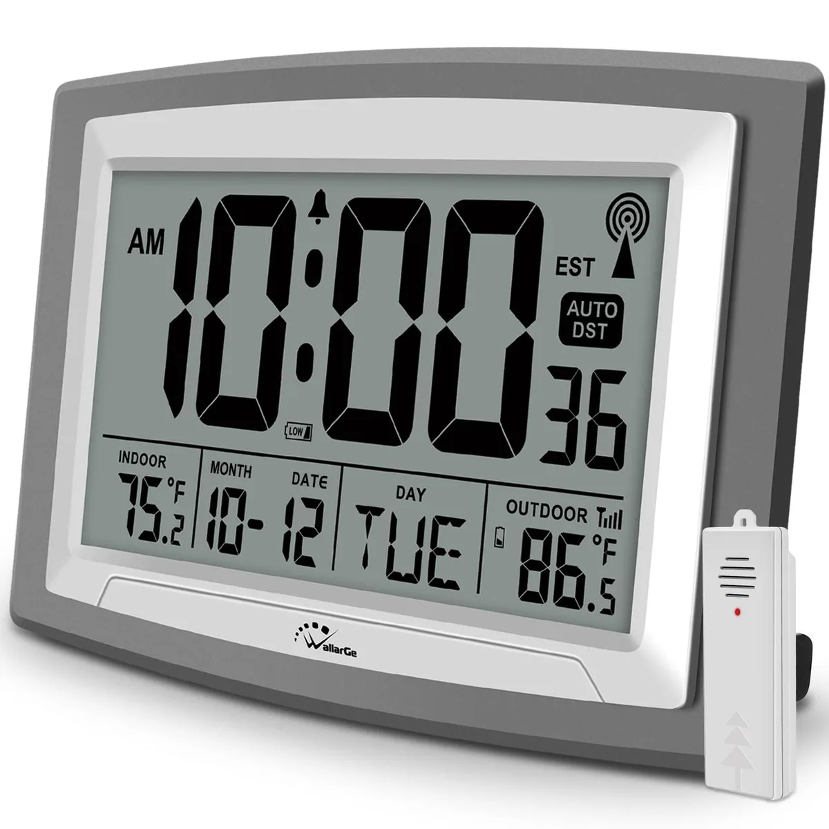 Gray rectangular digital clock with large display and wireless outdoor sensor
