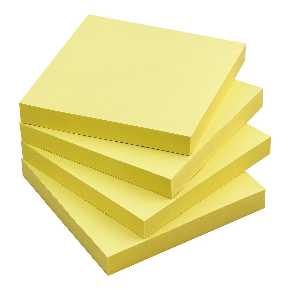 Four square yellow sticky-note pads, each 3 by 3 inches, stacked together