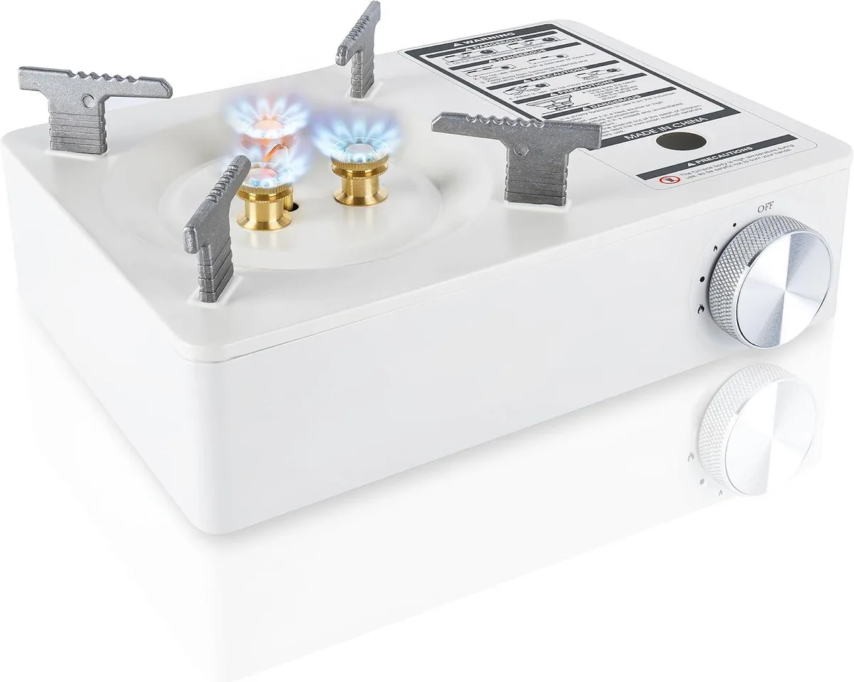 White portable butane stove with carry case, single burner, electronic ignition, 11942 BTU