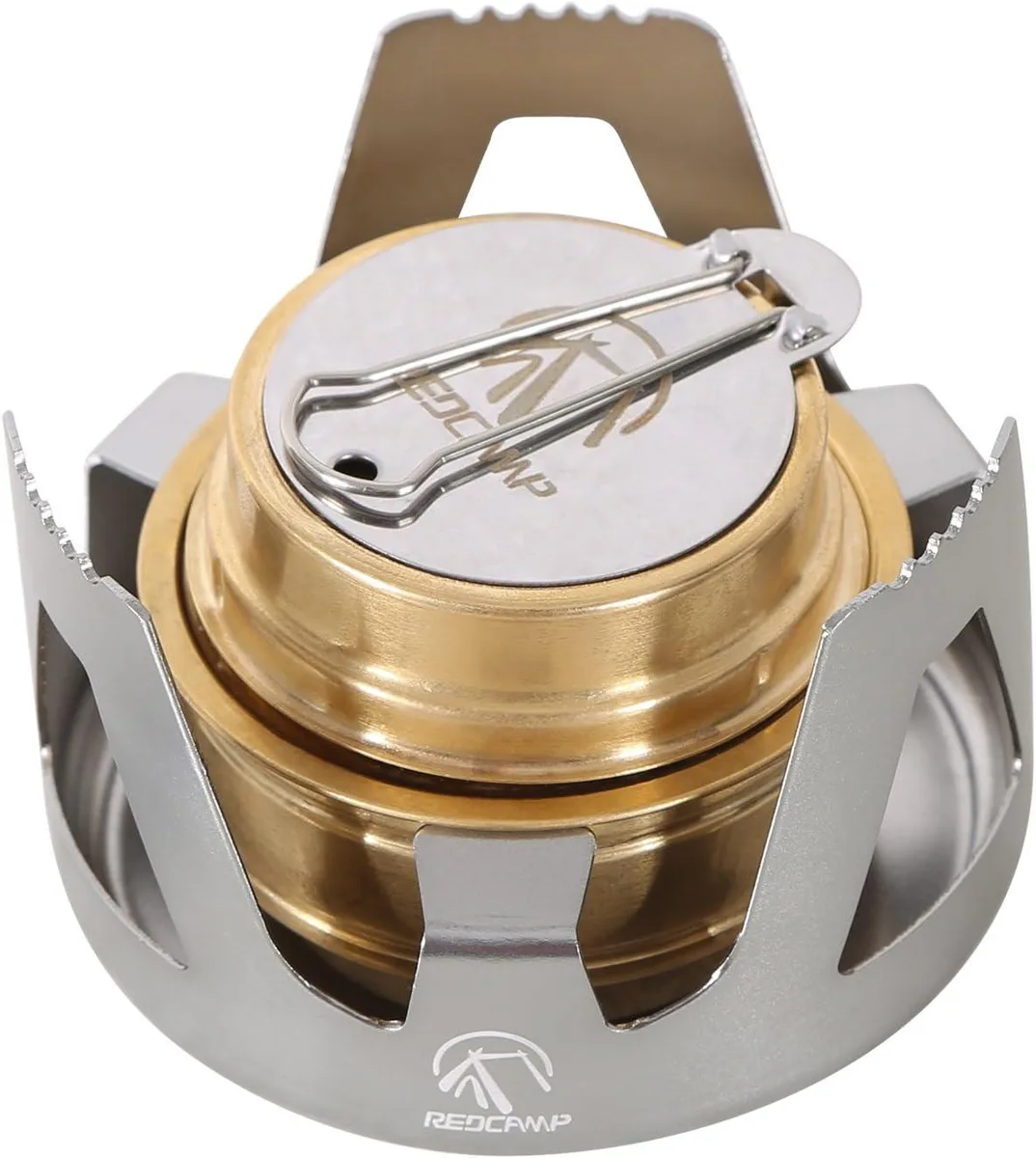 Brass alcohol stove with aluminium stand and windscreen, silver finish, velvet bag included