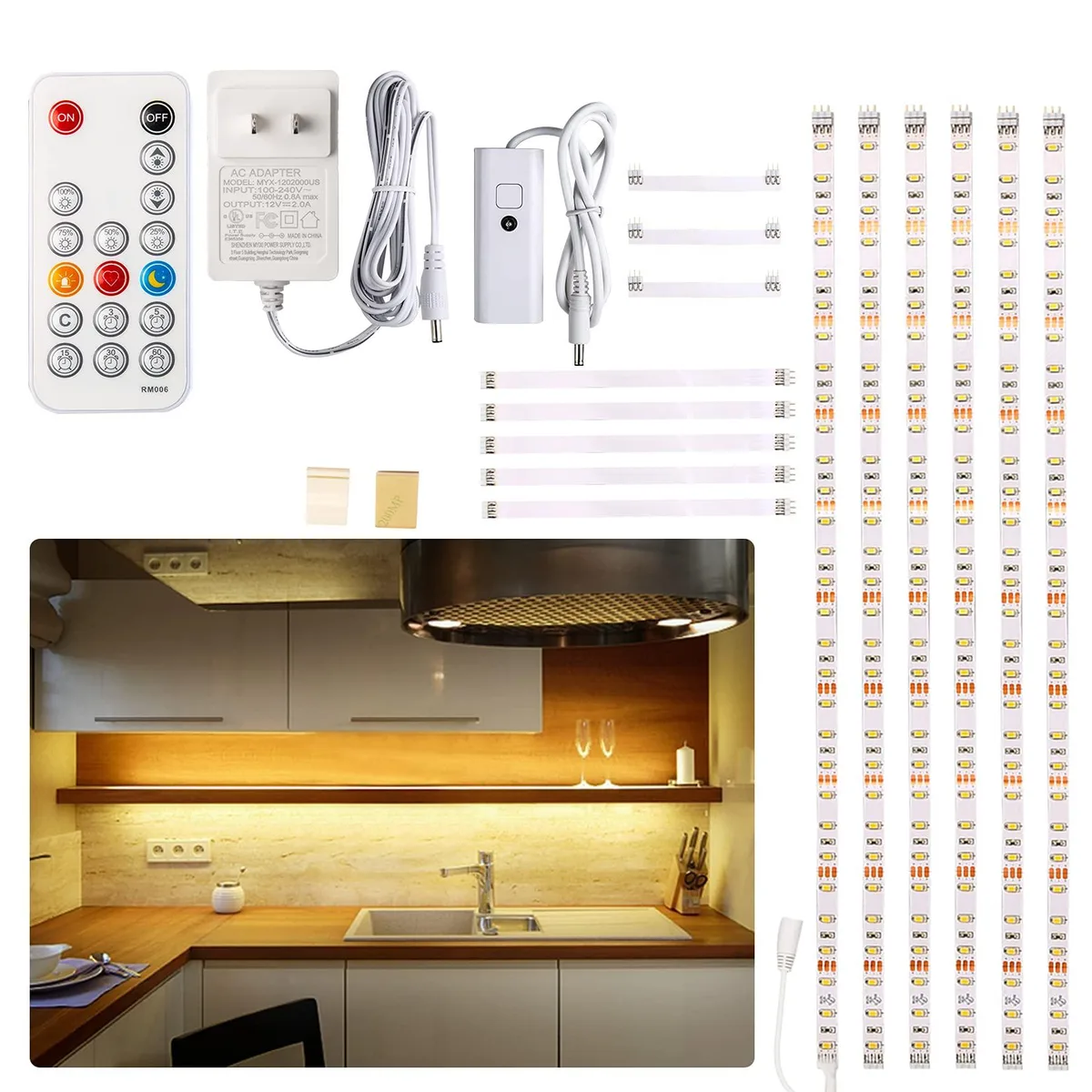 White LED strip kit with six 20-inch bars, RF remote, and adapter