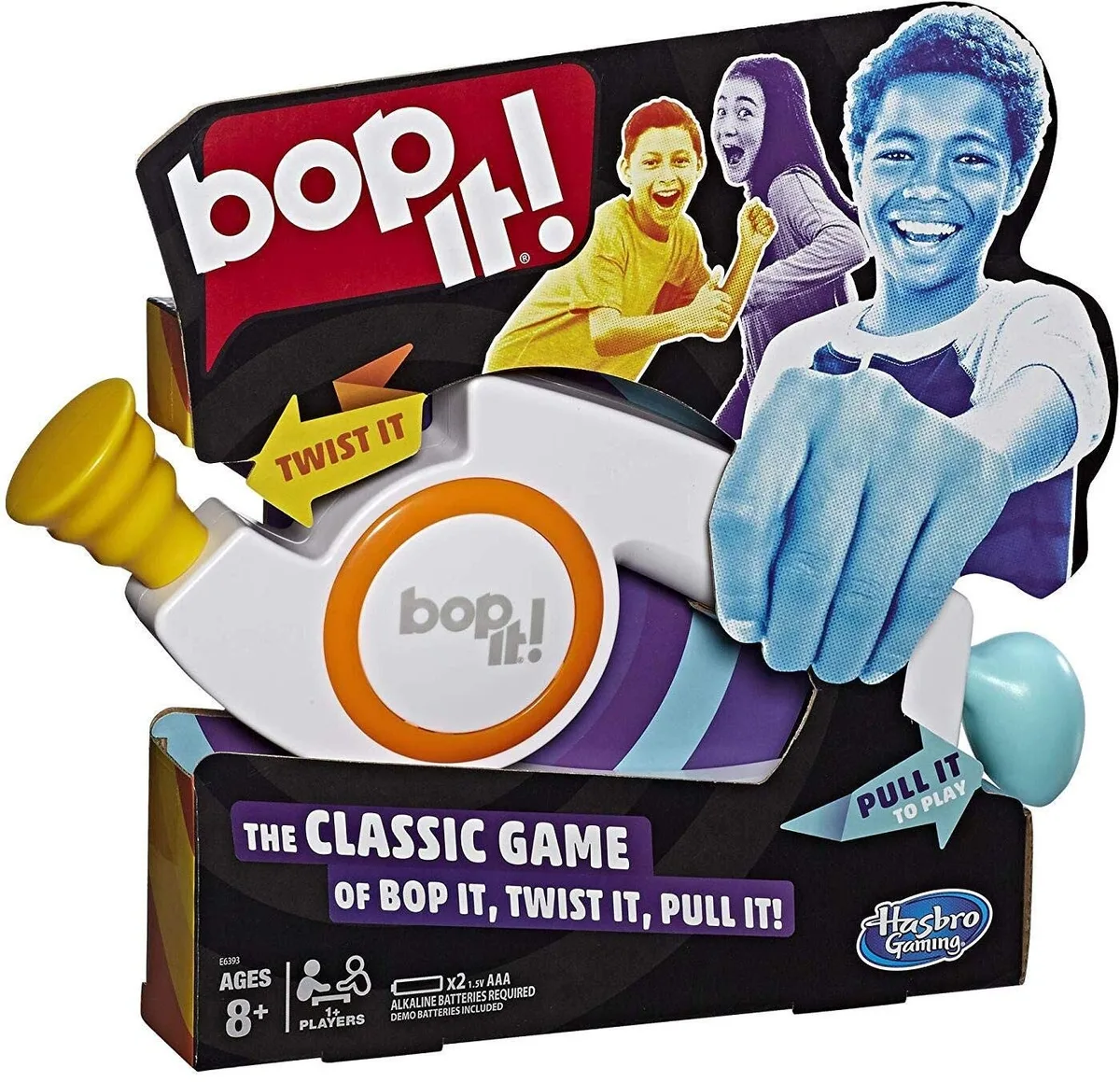 White handheld electronic game with green bop button, yellow twist knob, blue pull lever and small LCD screen