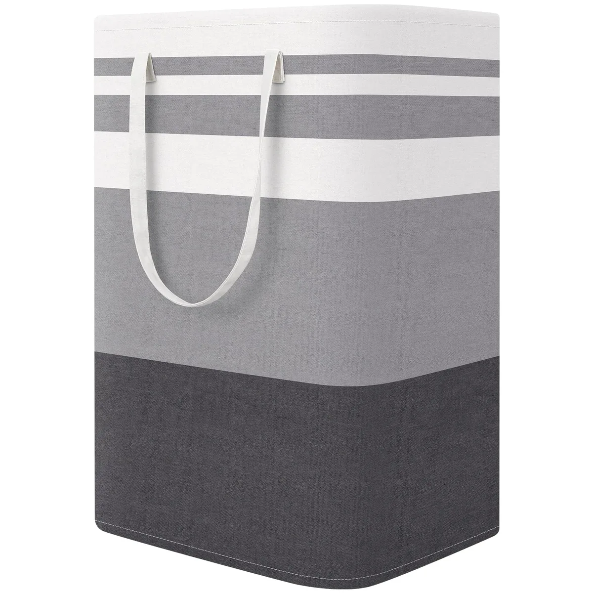Collapsible grey-striped laundry tub with reinforced handles, standing upright