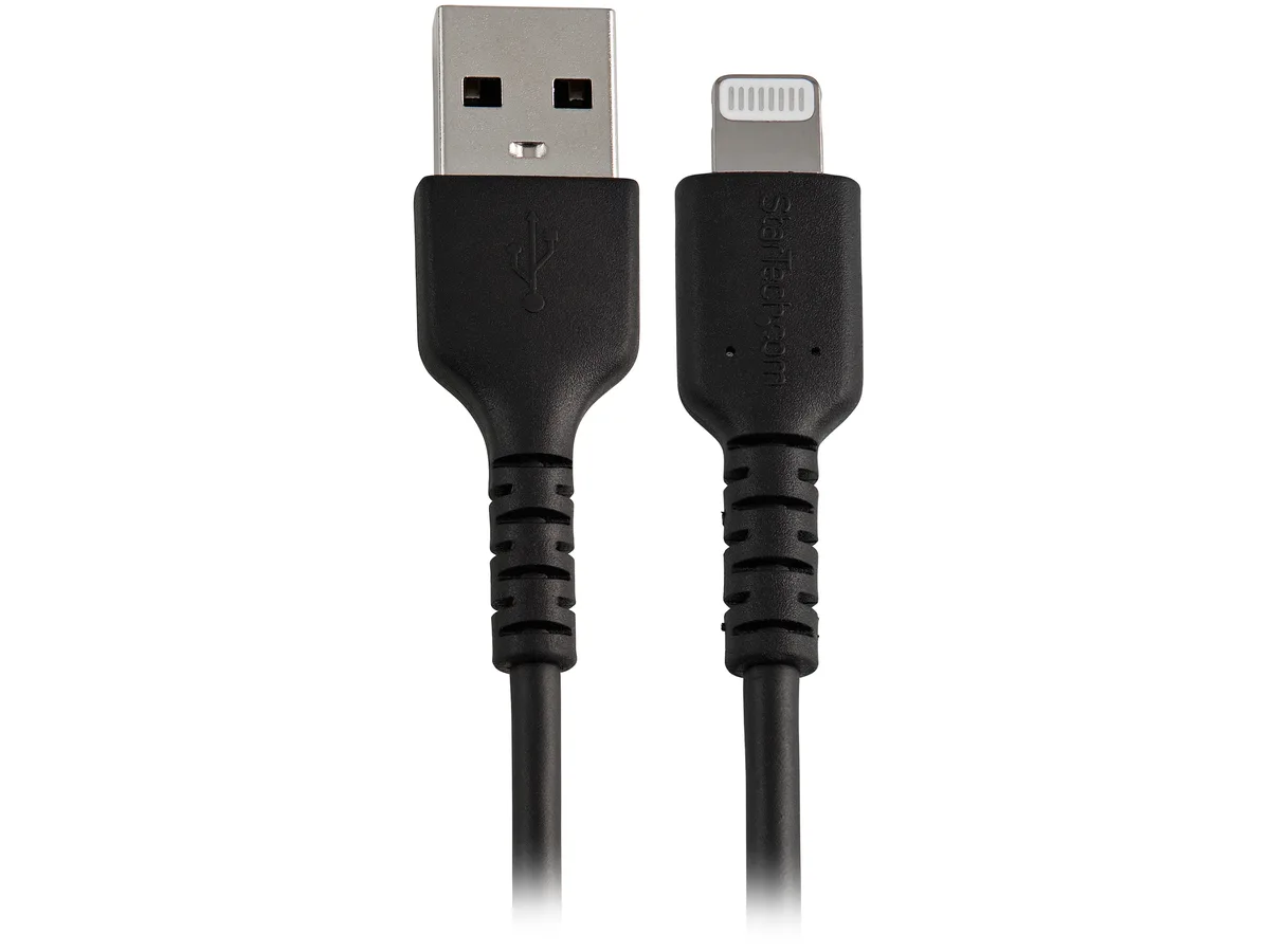 Short black USB-A to Lightning cable with rugged strain relief