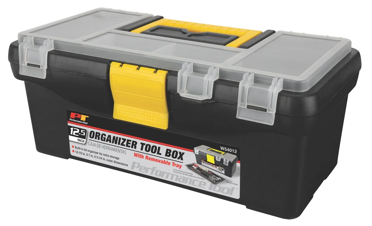 Black plastic tool box with seven drawers, removable tray and lid organisers, 13 by 7 by 6 inches