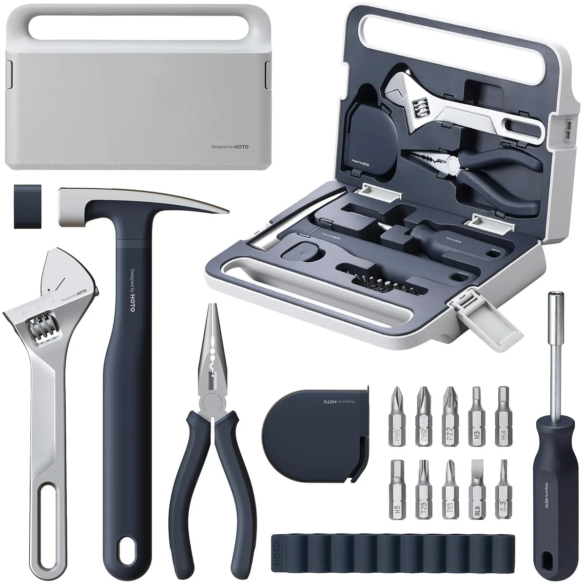Compact silver toolbox with 16-piece hand tool set inside