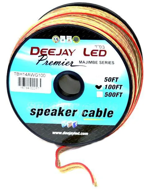White 100-foot spool of 14-gauge stranded speaker cable with red stripe