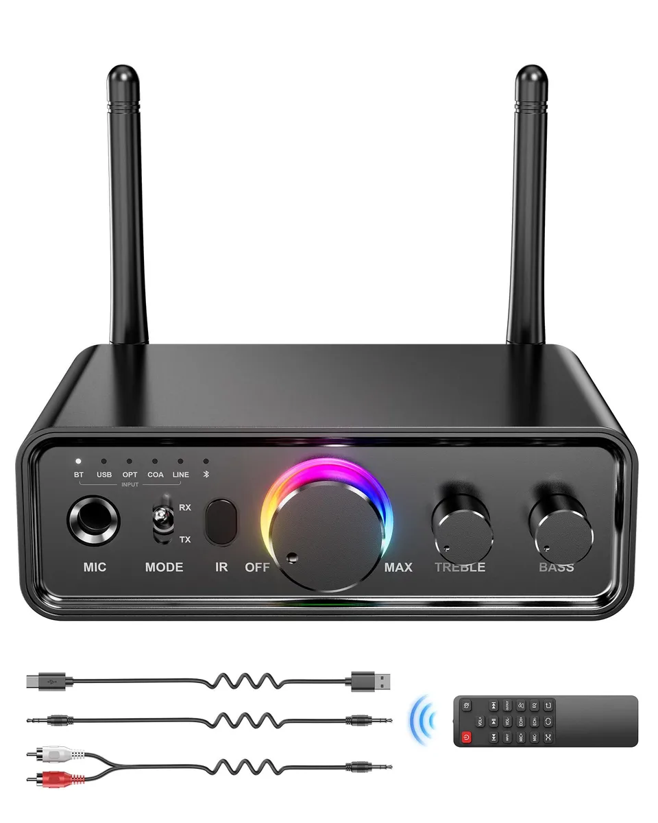 Compact black audio box with large volume knob and multiple rear ports