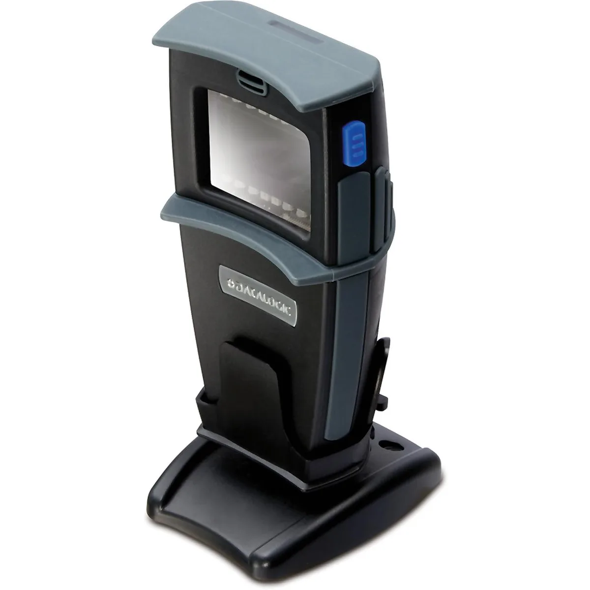 Black desktop barcode scanner with compact upright form factor and matte finish
