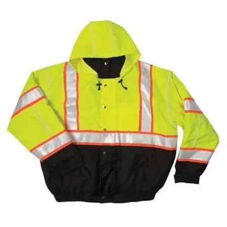 Lime and black polyester bomber jacket with reflective stripes, packable hood and zip front, size L