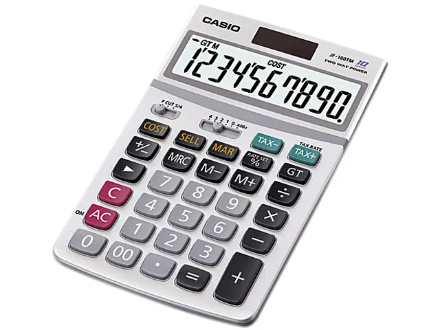 Light grey desktop calculator with angled LCD and kickstand