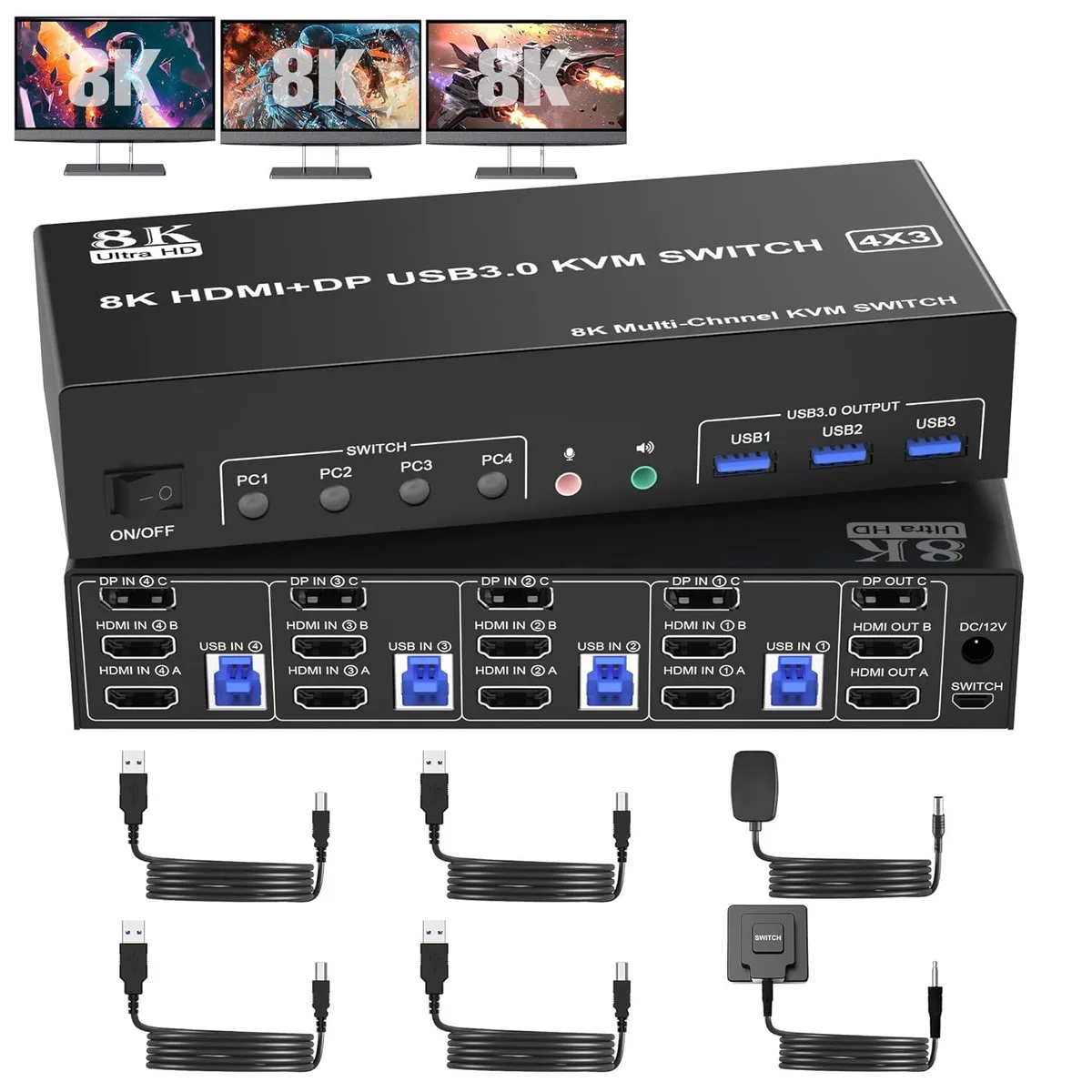 SMA SMA 3-Monitor 4-Port KVM Switch 8K@60Hz 4K@144Hz 2 HDMI + DP USB 3.0 Audio — product photo