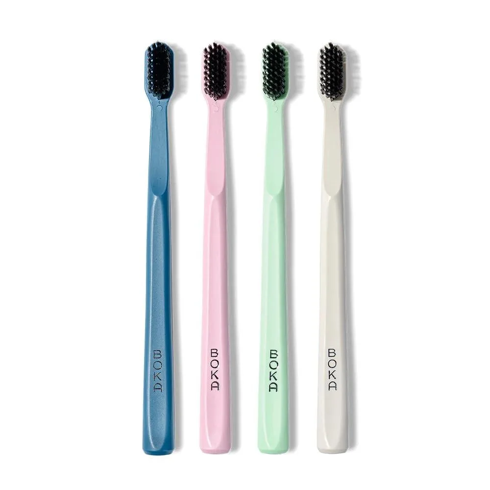 Boka Classic manual toothbrush, charcoal-infused bristles, bioplastic handle, multi-colour, with travel cap