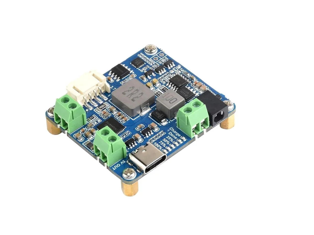 Green rectangular circuit board with screw terminals, DC jack, USB-C port and multiple indicator LEDs