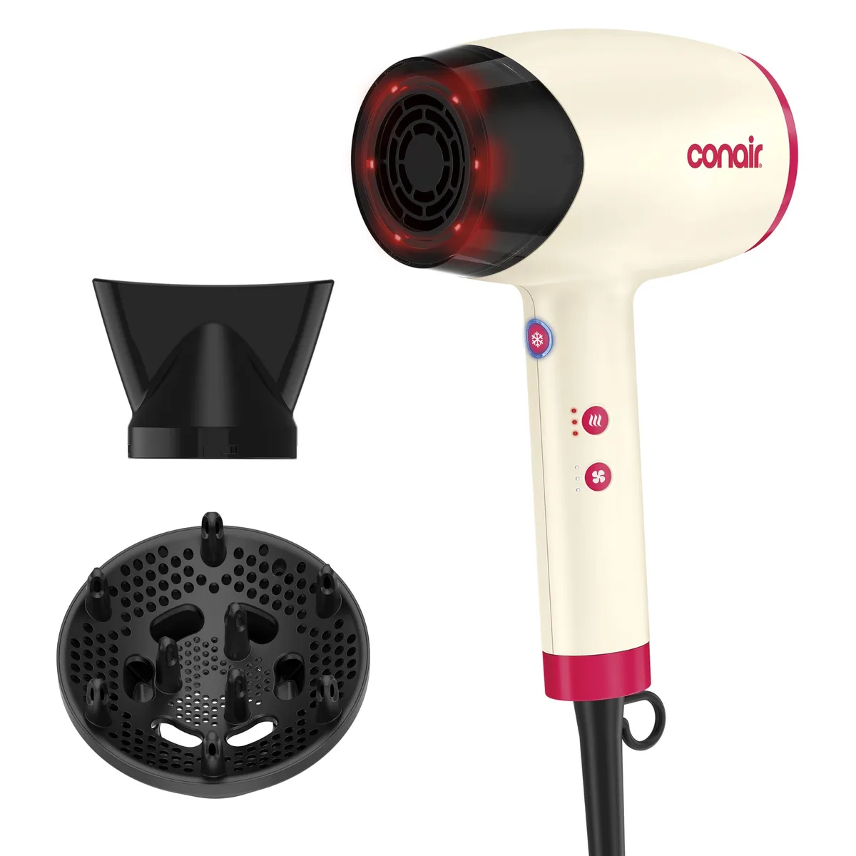 White infrared ionic hair dryer with diffuser and concentrator attachments, 7-foot cord
