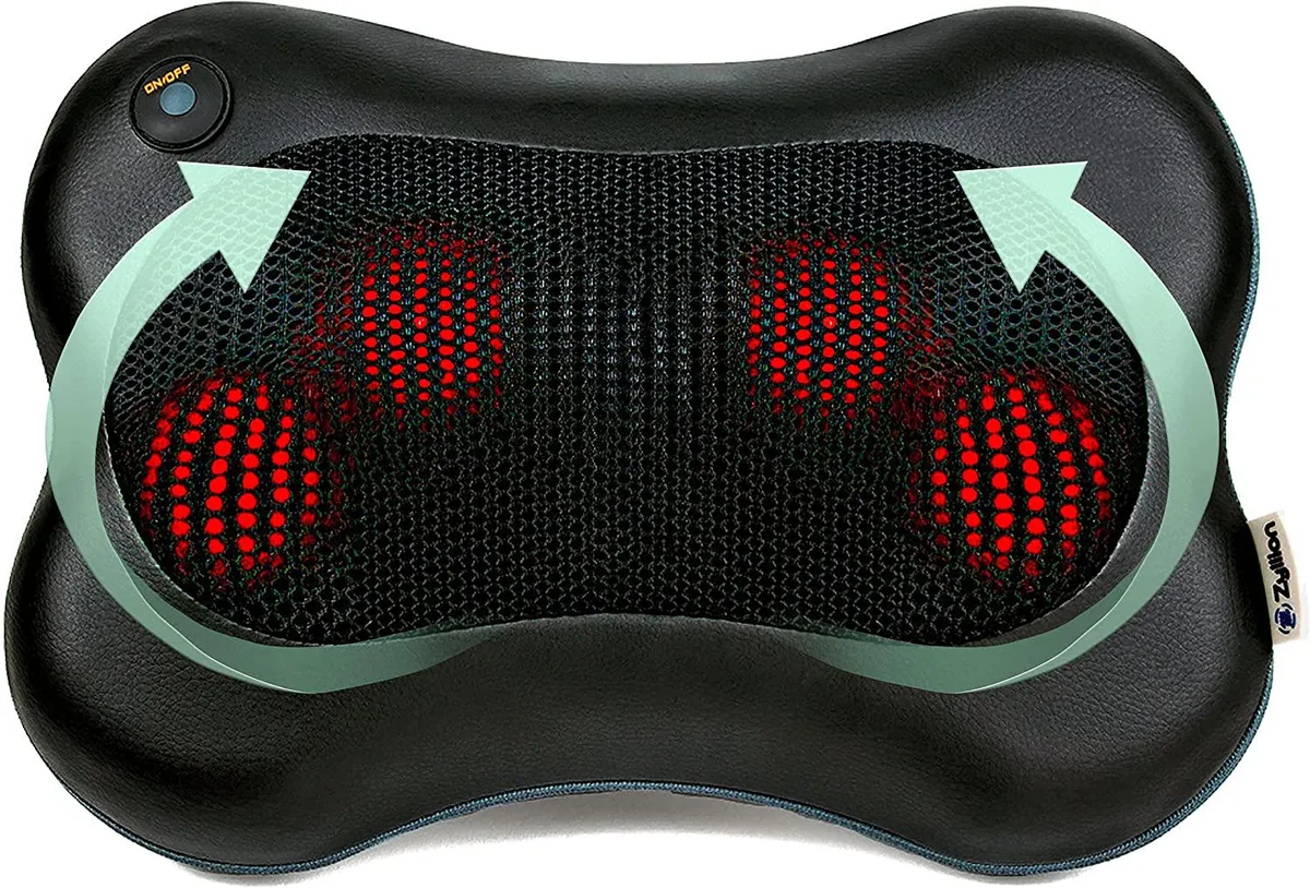 Black rectangular pillow massager with mesh fabric cover and attached power cable