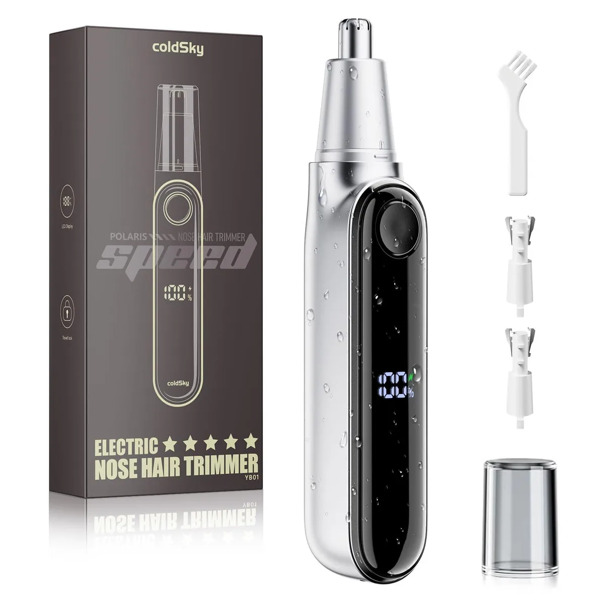 Black cylindrical trimmer with silver tip and LED display
