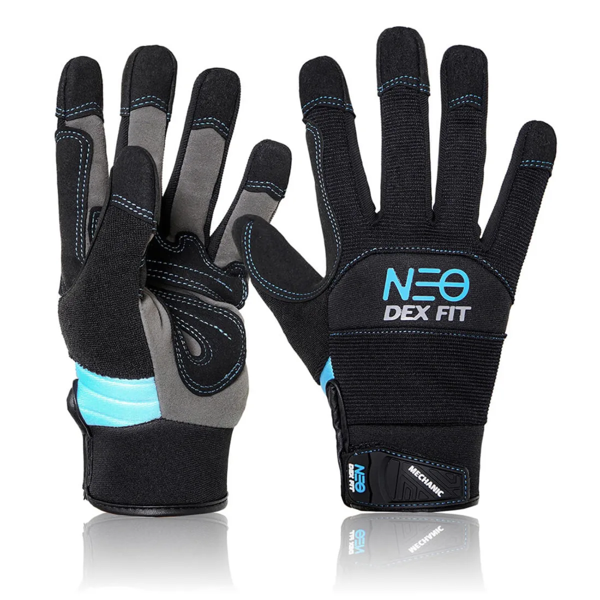 Black lightweight mechanic glove with synthetic leather fingertips and palm reinforcement, breathable mesh back