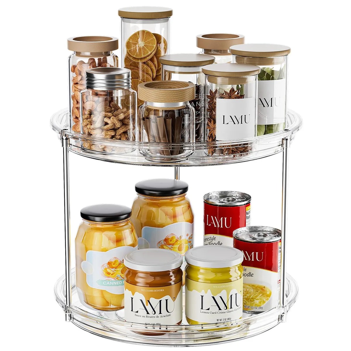 Clear plastic two-tier lazy susan turntable, 9 inch diameter, 7.6 inch height, smooth 360 rotation