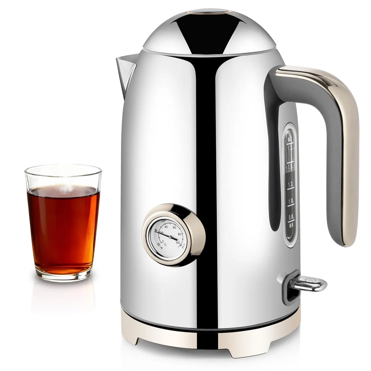 Glossy silver cordless electric kettle with thermometer and heat-resistant handle